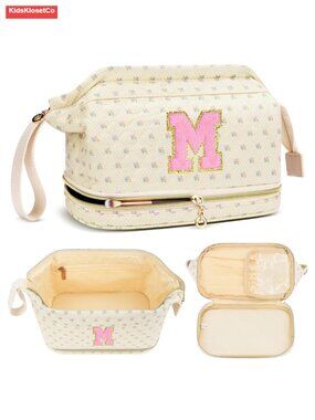 Personalized Initial Quilted Makeup Bag with Brush Organizer, Travel Toiletry
